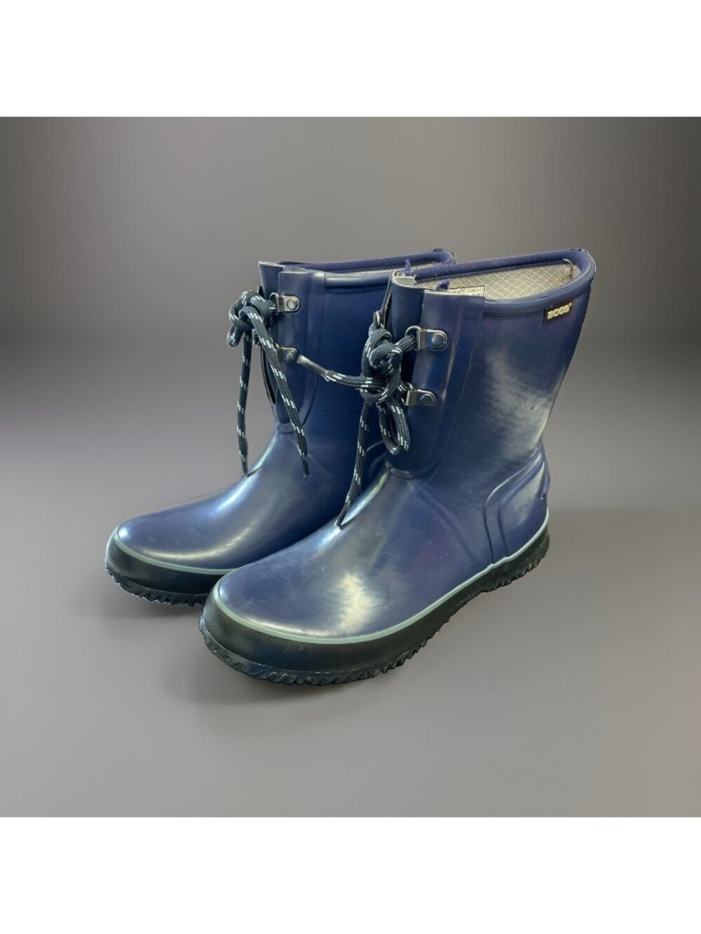 BOGS Womens Size 8 Rubber Rain Boots Lace Up Navy Blue URBN Farmer Boot